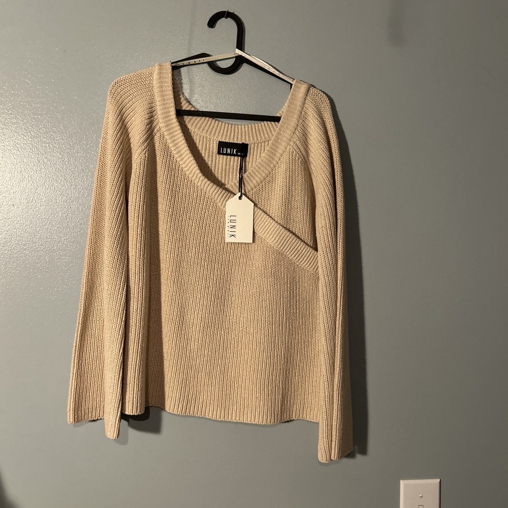 Lunik Front Wrap Sweater Ivory Beige Size Medium Wide Sleeves NWT